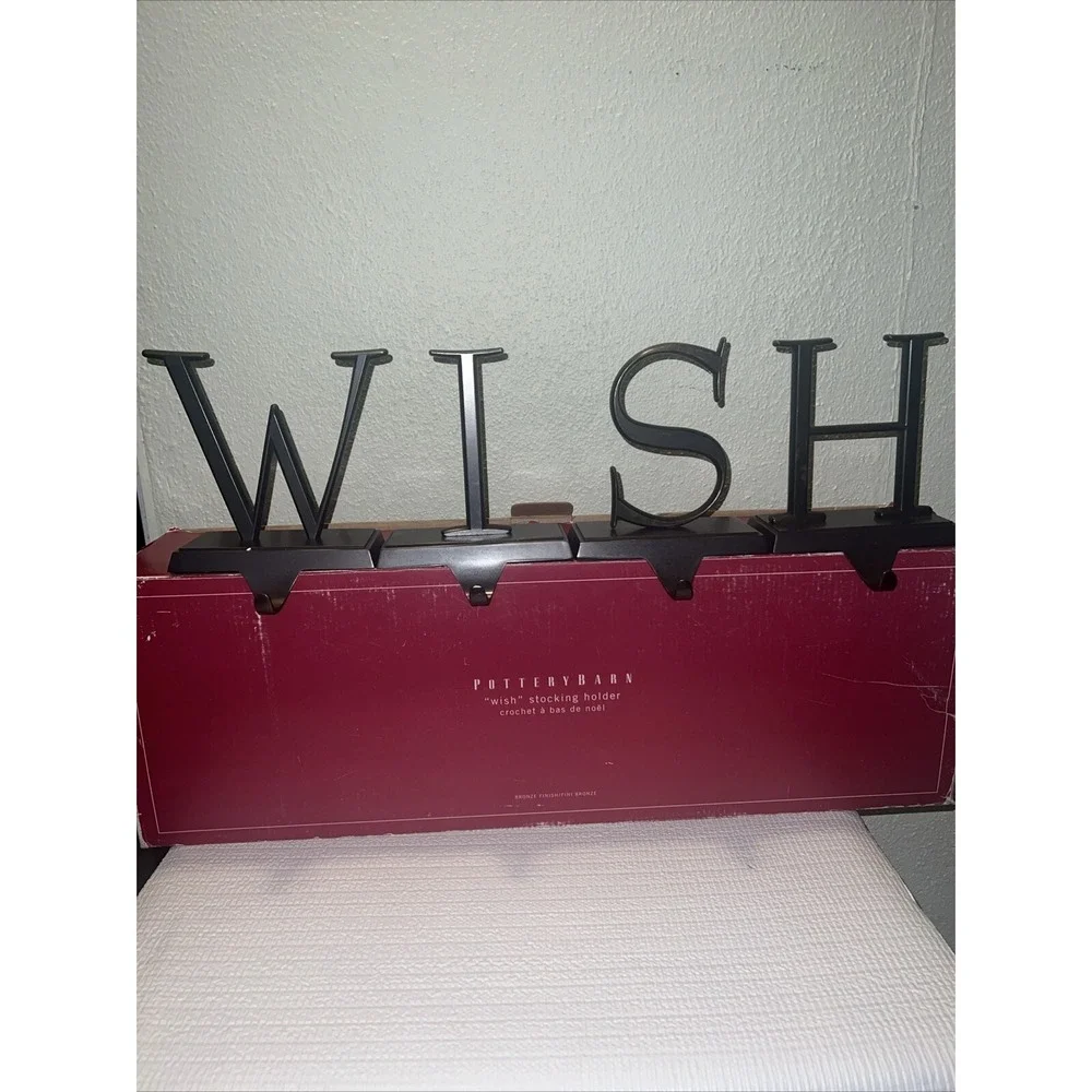Pottery Barn Spell out WISH Mantal Stocking Holder Bronze Finish Set Of 4